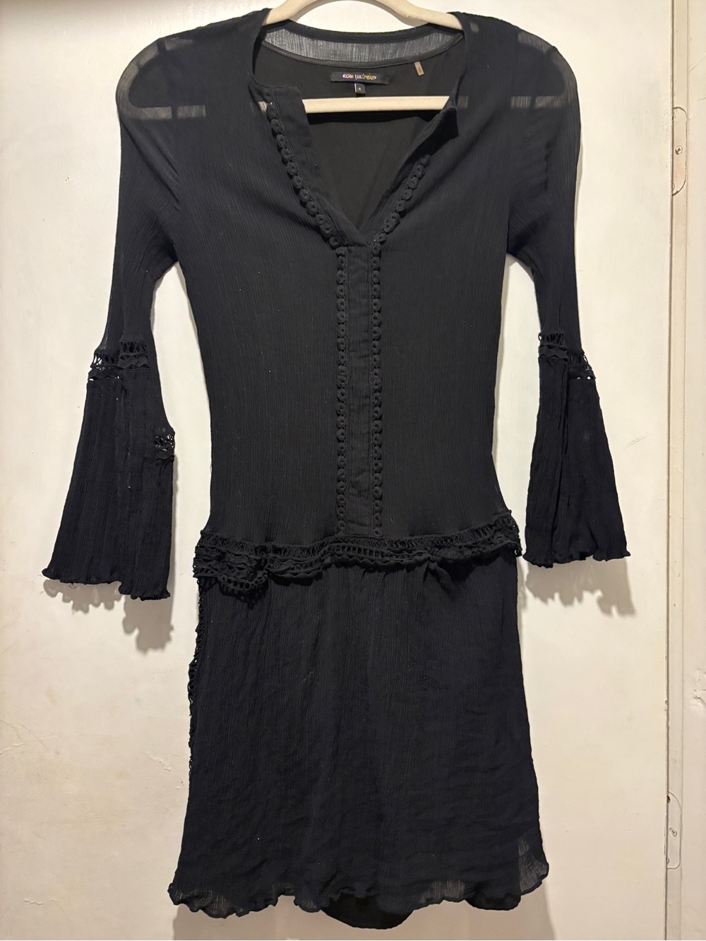 Black Long-Sleeve Boho Crochet-Trim Dress